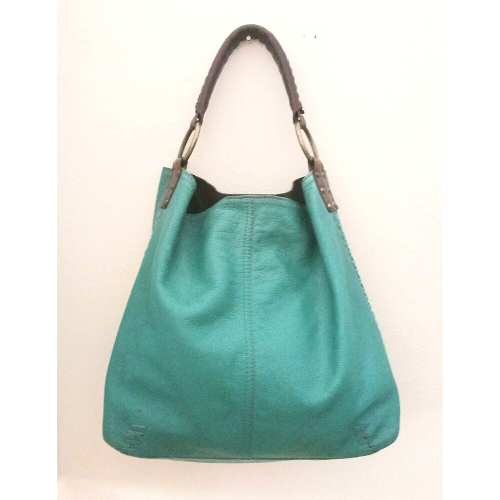 VTG Lucky Brand Lg Slouchy Hobo Bag Teal Pebbled Leather Brown Leather Strap